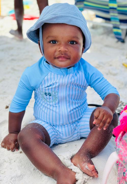Baby boy swimsuit baby blue and white striped with a crab design