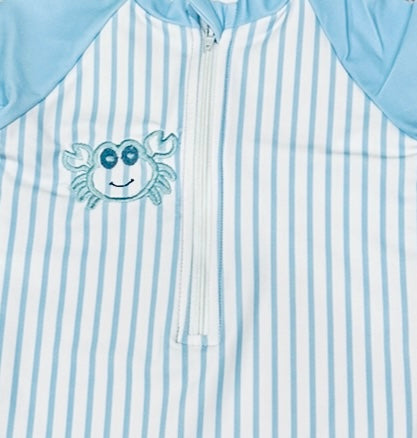 Baby boy swimsuit baby blue and white striped with a crab design