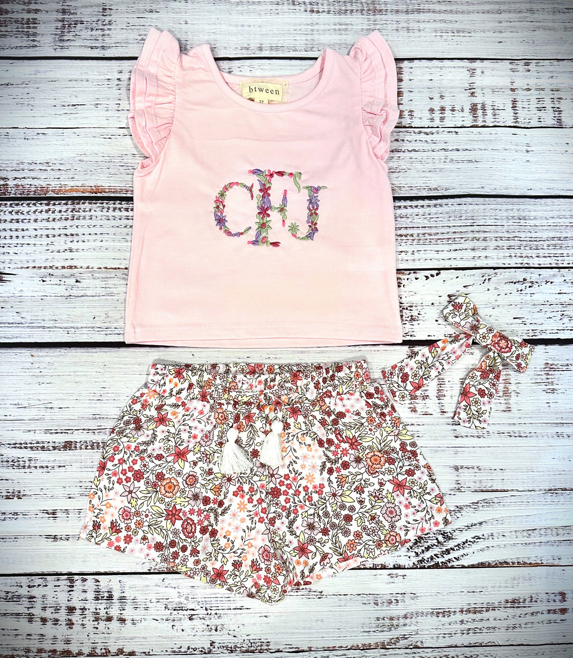 Pink floral short set with hair bow